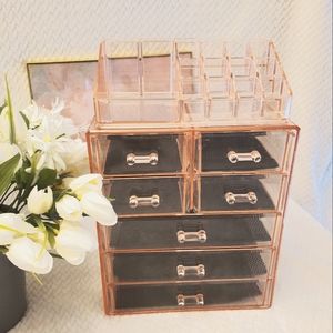 Cosmetic Makeup and Jewelry Storage Case Display -pink acrylic